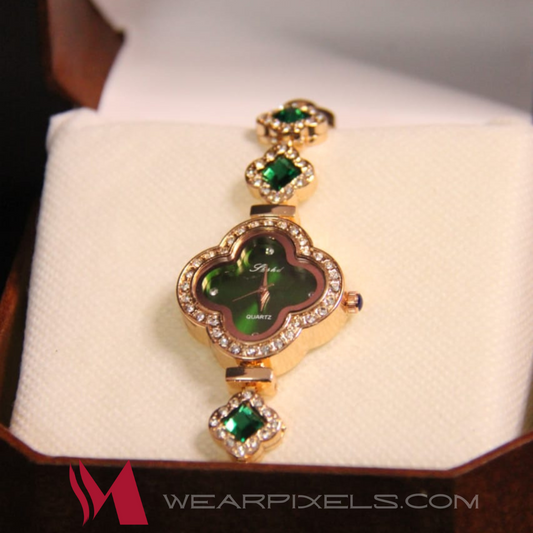 Glamourous Green+Golden Diamond Styled Ladies Watch